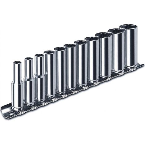 Juego de llaves de vasos 1/4" largos 6 caras, de 4 a 13 mm en rail, 11 piezas