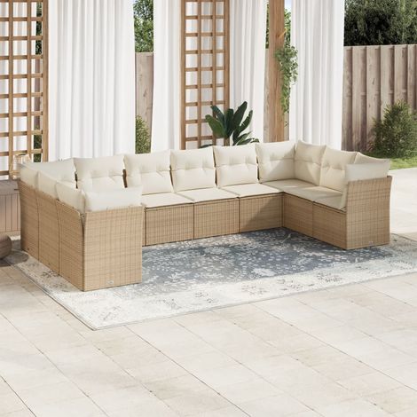 Ensemble Salon Jardin 10 Places Résine Tressée Beige avec Coussins Détachables - Meuble Extérieur Modulaire pour Terrasse (1/3)