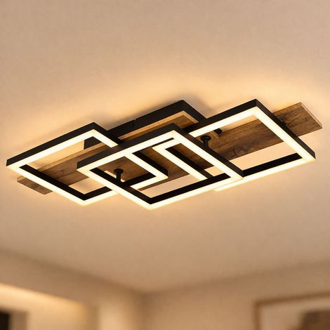 LED Deckenleuchte Holz Wohnzimmerlampe Deckenlampe Quadrate, MDF Metall, 24W 1300Lm warmweiß, LxBxH 58x33x8,5 cm