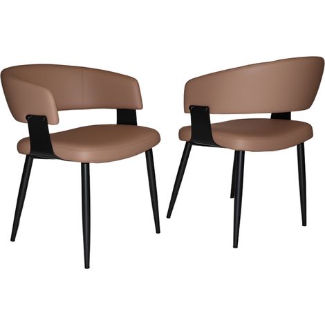 CHICFURN Lot de 2 chaises de salle à manger marron en cuir régénéré, chaises de cuisine rembourrées avec dossier incurvé, accoudoirs intégrés et pieds métal (1/5)