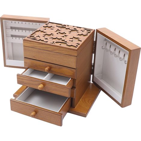 Boîte à bijoux en bois à 5 couches - Grande boîte à bijoux autoportante avec tiroir - Grande capacité - Organiseur pour tous les types de bijoux - Marron (1/5)