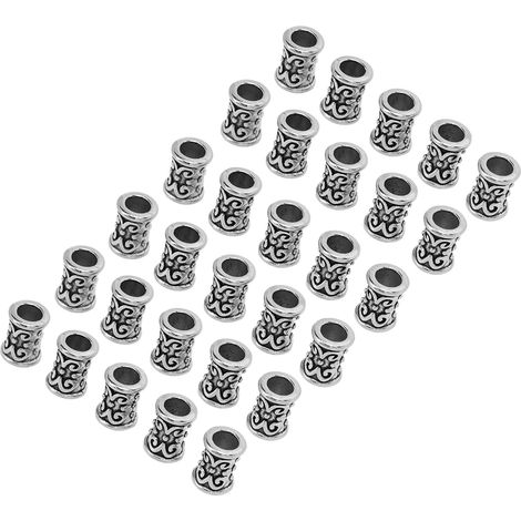 Lot de 30 perles tubulaires pour cheveux, style rétro, en alliage, pour la création de tresses, bracelets et colliers (argent).