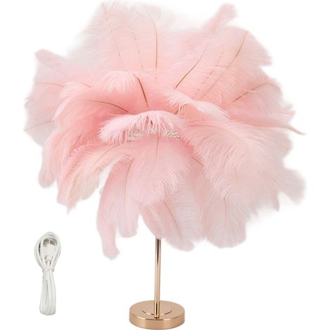 Lampe de table en plumes, 3 couleurs, interrupteur tactile à intensité variable, prise USB, lampe de chevet décorative moderne et romantique pour chambre à coucher, rose