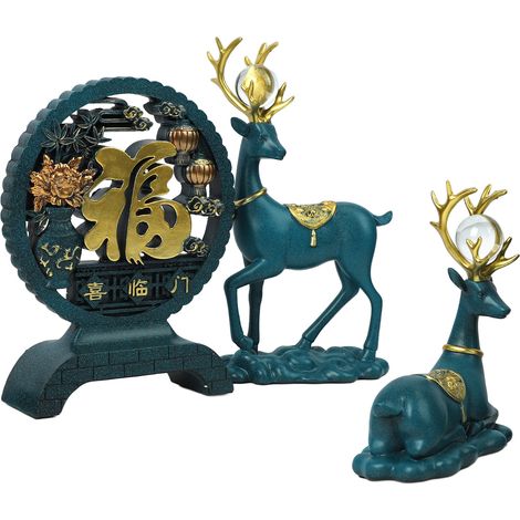 Lot Bleu Figurine Cerf Chanceux Peint Main Sculpture Résine Décor Étagère Meuble TV Couloir, 3 Pièces (1/5)