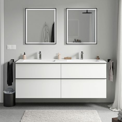 BERNSTEIN - Meuble vasque suspendu salle de bain MDF Blanc mat, lavabo fonte minérale Blanc mat + trou robinet, poignée métal Anthracite mat - 160x46x62cm - LAVOA Blanc mat, Anthracite mat, Blanc mat 