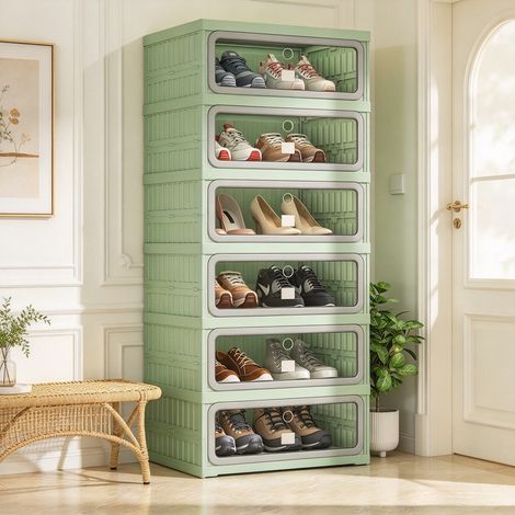 Meuble Chaussure 6 Niveaux Étagère de Rangement Modulable 45x34.5x105.5 CM,Plastique-empilable,pour Couloir, Chambre, Entrée -Vert (1/5)