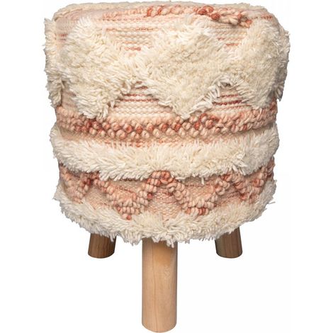 Tabouret semi artisanal en laine ZAGI 35x35 rose et crème (1/3)