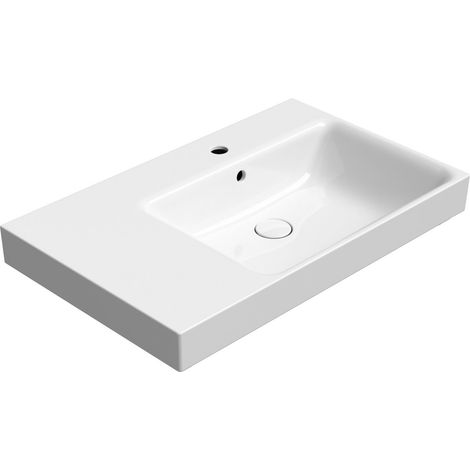 Lavabo en céramique NUBES 80x50cm, étagère à gauche, blanc ExtraGlaze (1/3)