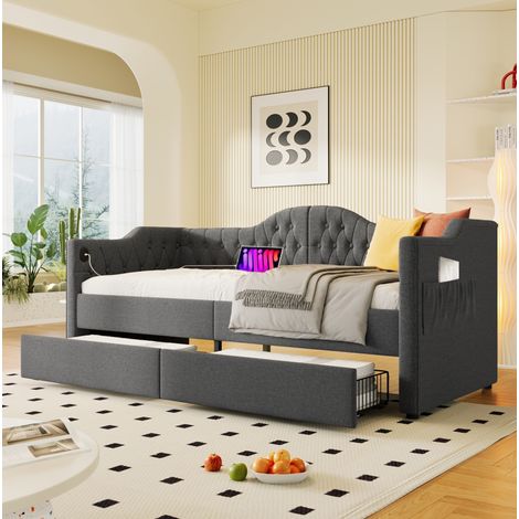 Letto singolo con cassetti e USB in lino grigio OKMYHOME (1/5)