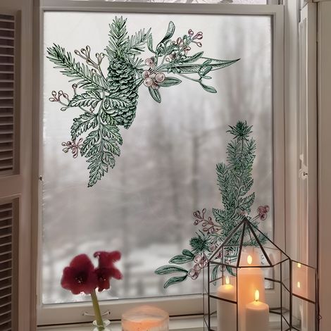 Autocollants de Noël pour fenêtres, branches de pin, autocollants, plantes d'hiver, décorations de Noël, autocollants pour fenêtres de Noël (1/4)