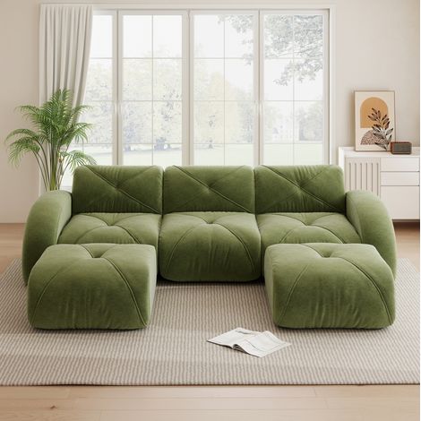 Sofá modular en U 281/171/76 cm de chenilla verde con 2 pufs, sin montaje (1/5)