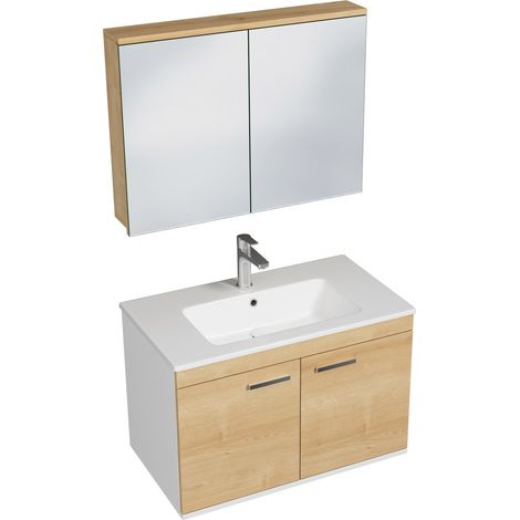 RUBITE Meuble salle de bain simple vasque 2 portes chêne clair largeur 80 cm + miroir armoire