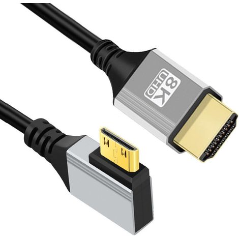 Câble HDMI 2.1 mâle vers mini HDMI mâle coudé à droite à 90° 8K @ 60Hz 4K @ 120Hz 48Gbps Câble ultra haute vitesse plaqué or 1,64FT/0,5 m pour téléviseur, moniteur, ordinateur (1/5)