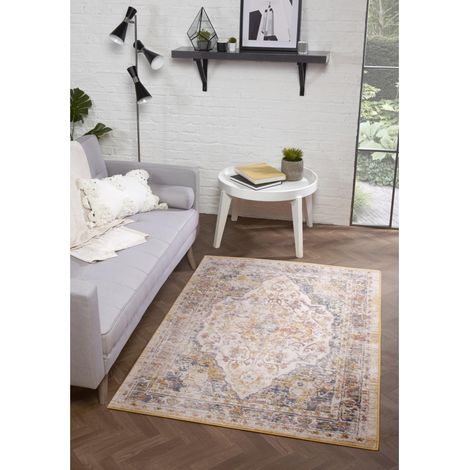 Nova 9048A Traditional Vintage Classical Bordered Medallion White Yellow Rug Floor Mat Carpet X-Large 200 x 290 cm (6'7"x9'6") (1/4)