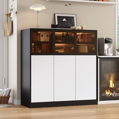 Buffet adapté au salon, à la cuisine et à la salle à manger,comprend un éclairage, 3 portes vitrées,blanc-100 x 40 x 105 cm (1/5)