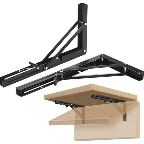 2PCS Support d' Étagères Pliable  Équerre Pliante Étagère Murale Support Pliante Robuste Noir Support Console Pliable Murale (1/5)