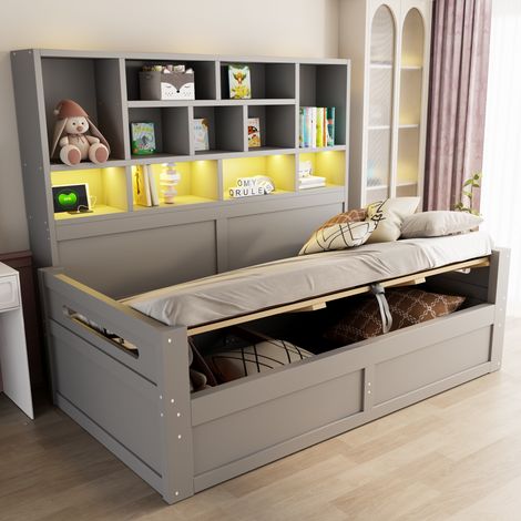 Sofá cama 90x200 cm con somier de láminas - cama nido individual juvenil con almacenamiento hidráulico cabecero con estantes led y enchufes de madera mdf gris (1/5)