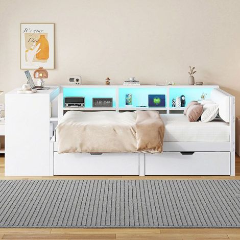 Lit plateforme - KOMHTOM - 140x200 cm - Tête rembourrée - Rangements & tiroirs - LED multicolore + station USB (1/5)
