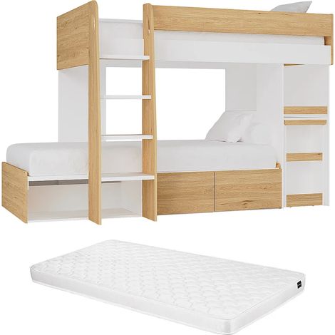 Lits superposés 2 x 90 x 190 cm avec bureau et rangements - Coloris : Naturel et blanc + Matelas - LOMIDEN