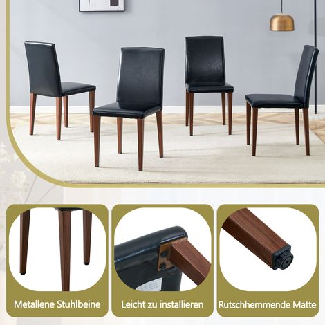 Set de 2 chaises de salle à manger minimalistes, style luxe européen, noir et imitation noyer : cuir PU noir + pieds en métal finition bois de noyer foncé. Idéales pour salle à manger moderne. (1/5)