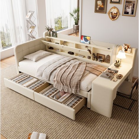 Cama individual con escritorio 2 cajones USB beige OKMYHOME (1/5)
