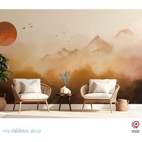 Papier peint : Estampe, soleil et montagnes - Intissé - L.200 x H.280 cm - Beige orange (1/4)