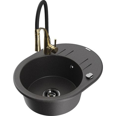 Mexen Kevin fregadero de granito de 1 compartimento con escurridor y grifo de cocina Aster, negro moteado - 6517-76-73450-57-B (1/5)