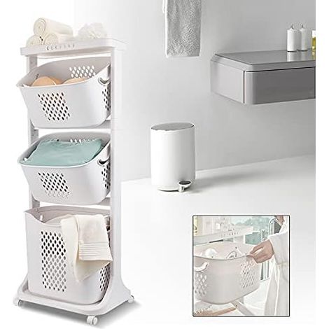 Cesto para ropa sucia de 3 compartimentos, cesto de plástico multinivel, clasificador de ropa, cesto pequeño para ropa sucia, cesto plegable para ropa sucia, blanco