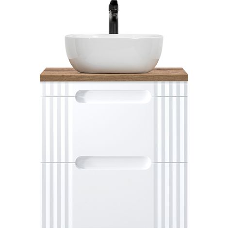 60cm Waschtischunterschrank mit Aufsatzwaschbecken FAIRFIELD-56 weiß mit Eiche Nb., B/H/T ca. 60,4/79,5/46 cm (1/5)