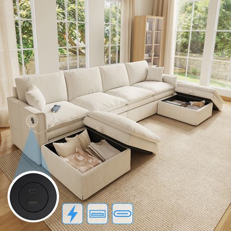 Divano Modulare 6 Posti a U o L con 2 Pouf Contenitore USB Tipo C Cotone e Lino Beige 277 x 135 x 80 cm (1/5)