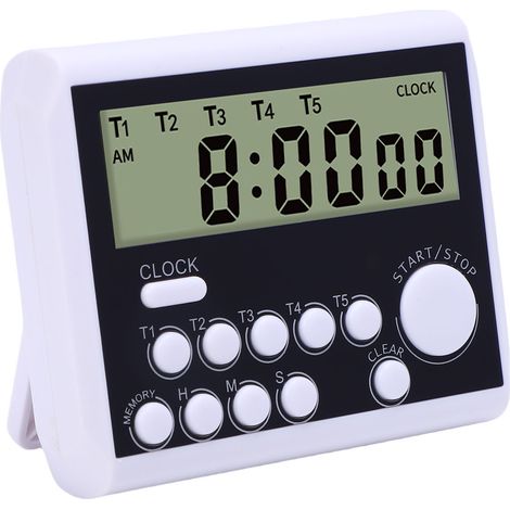 Minuteur numérique 5 canaux Minuteur de cuisine avec horloge intégré pour cuisson et étude, design minimaliste en plastique (1/5)