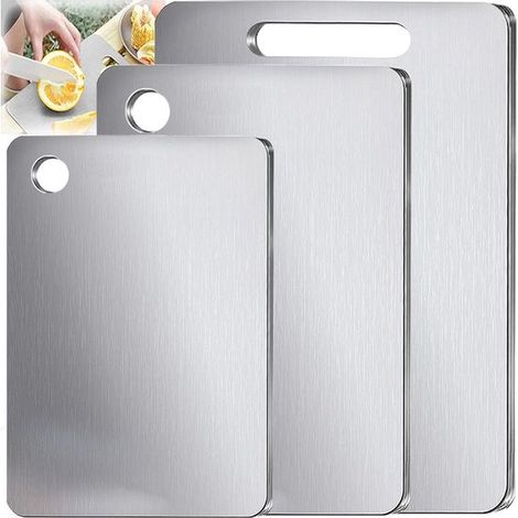 Set di 3 taglieri in acciaio inox, bifacciali, adatti al contatto con gli alimenti, ideali per la cucina. (1/5)