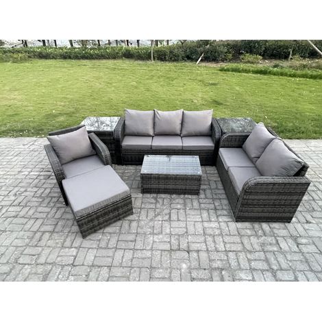 Fimous Ensembles de meubles de jardin 7 places Ensemble de canapés en rotin avec Table basse rectangulaire Chaise inclinable Canapé 3 places 2 Tables d'appoint Grand tabouret (1/5)