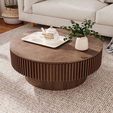 Table basse ronde avec rangement intégré, design cannelé en forme de champignon, bois et MDF noyer (1/5)