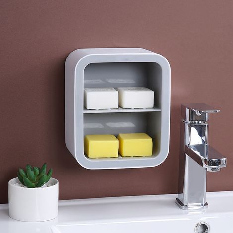Support de savon mural avec drainage, étagère de toilette adhésive sans perçage, rangement pour dortoir étudiant, design nordique à 2 niveaux gris