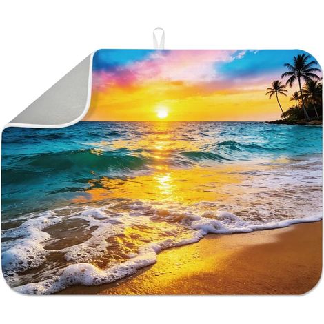 Tapis de séchage pour vaisselle de plage coucher de soleil 45 x 60 cm Tapis absorbant le soleil Motif vagues de mer Tapis de cuisine Tapis de séchage pour table de comptoir évier café bar (1/5)
