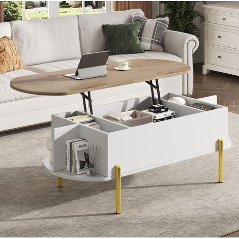 Tavolino rialzabile 120x50x57,5 cm con vano portaoggetti e ripiani aperti, gambe in metallo dorato, bianco e legno naturale (1/5)