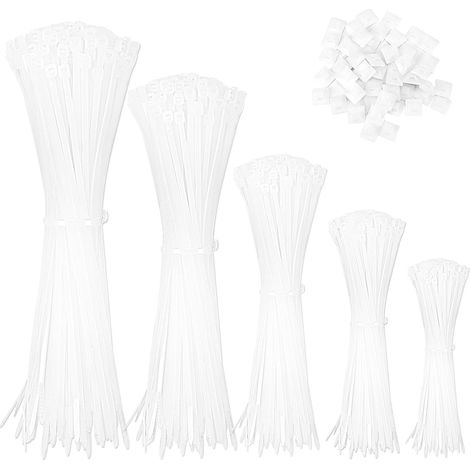 Lot de 1000 serre-câbles blancs 100/150/200/250/300mm et 50 socles adhésifs serre-câbles résistants aux UV et à la température pour la gestion des câbles, le jardinage, la maison et les ateliers (1/5)