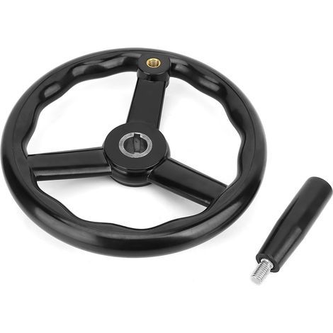 Control handwheel for mechanical lathe, made of non-slip black bakelite, Ø250 mm, 3 spokes, with handle (1/3)