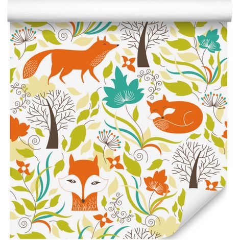 Papel pintado con dibujos de zorros en el bosque para salón y dormitorio, 50x1000 cm. (1/5)