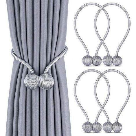 Set of 4 Curtain Tiebacks, Magnetic Braided Curtain Tiebacks, Magnetic Curtain Loops for Home and Office Decoration (Gray) (1/4)