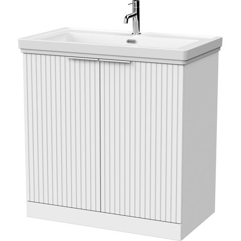 Callingwood Contemporary Floor Standing 2 Door Vanity Unit with Traditional 1 Tap Hole Fireclay Basin , 800mm, Matt White (1/4)