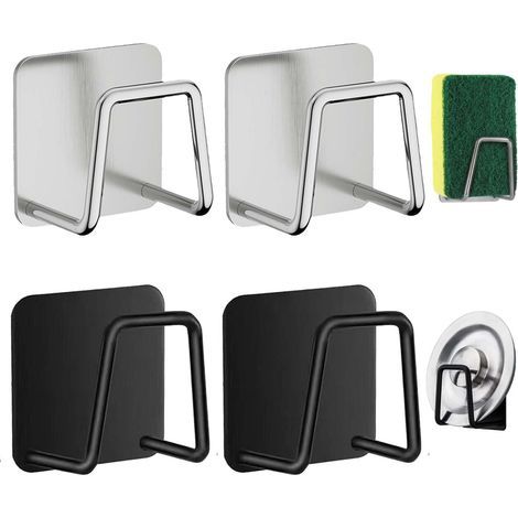 Range-éponge évier acier - 4 pcs, Porte-éponge cuisine autocollant, Pour cuisine salle de bain - Argenté et Noir (1/5)