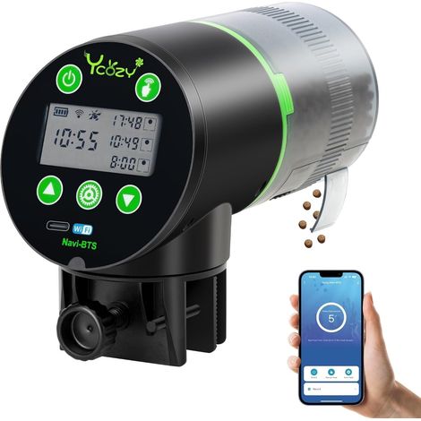 WiFi Distributeur Nourriture Poisson Aquarium de App, Alimenté par Prise de Courant Distributeur Automatique Poisson avec Prise et Câble USB-C, Automatique Minuterie avec Ecran LCD (1/5)