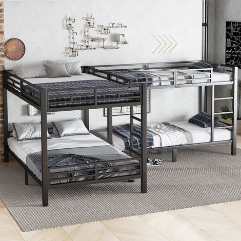 Eck-Etagenbett 90x200 cm & 140x200 cm, Familien-Dreibett für Kinderzimmer und Ferienwohnung mit Lattenrost und 3-Stufen-Leiter, Schwarz (1/5)