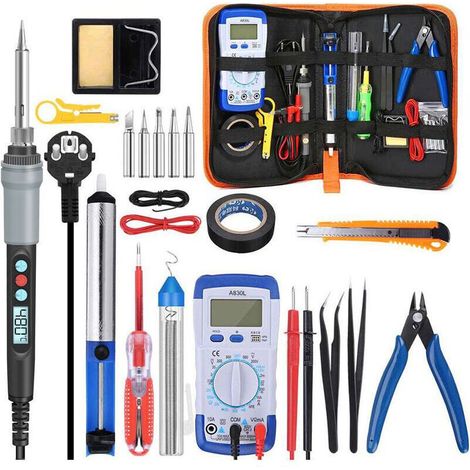 Fer a Souder Kit, 90W Kit de Soudage Électrique de Précision avec Interrupteur On/Off, Temperature Réglable 180480℃, Support avec éponge, LCD digital display soldering iron set tool kit multimeter pl