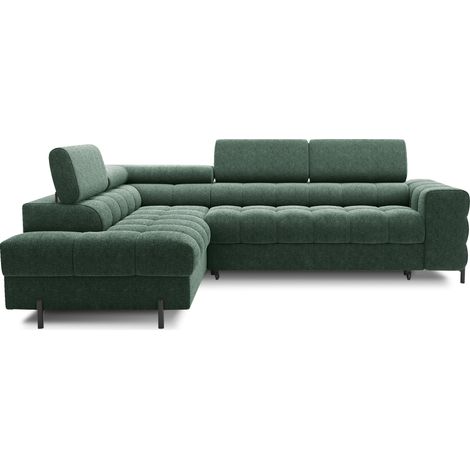 Canapé d'angle convertible en tissu appuis-tête réglables LUCCINO - Coffre et pieds métal noir angle gauche-Vert-angle gauche