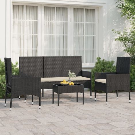 Salon de jardin 4 pcs,Mobilier de terrasse,Table et Chaise pour Relax avec coussins Noir Résine tressée -YZ967981 (1/5)