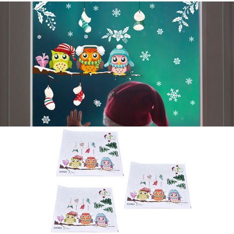 Set mit 3 PVC-Aufklebern mit Weihnachtszweigen, Eulen und Schneeflocken. Diese elektrostatischen Aufkleber eignen sich perfekt zum Dekorieren von Wohnzimmer- und Schlafzimmerfenstern. (1/5)