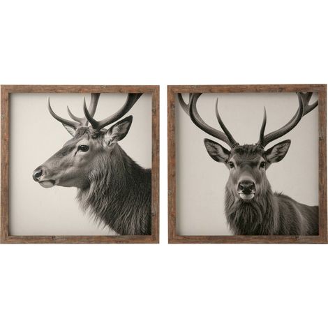 Tableau cerf encadré esprit chalet - gris et marron (1/4)